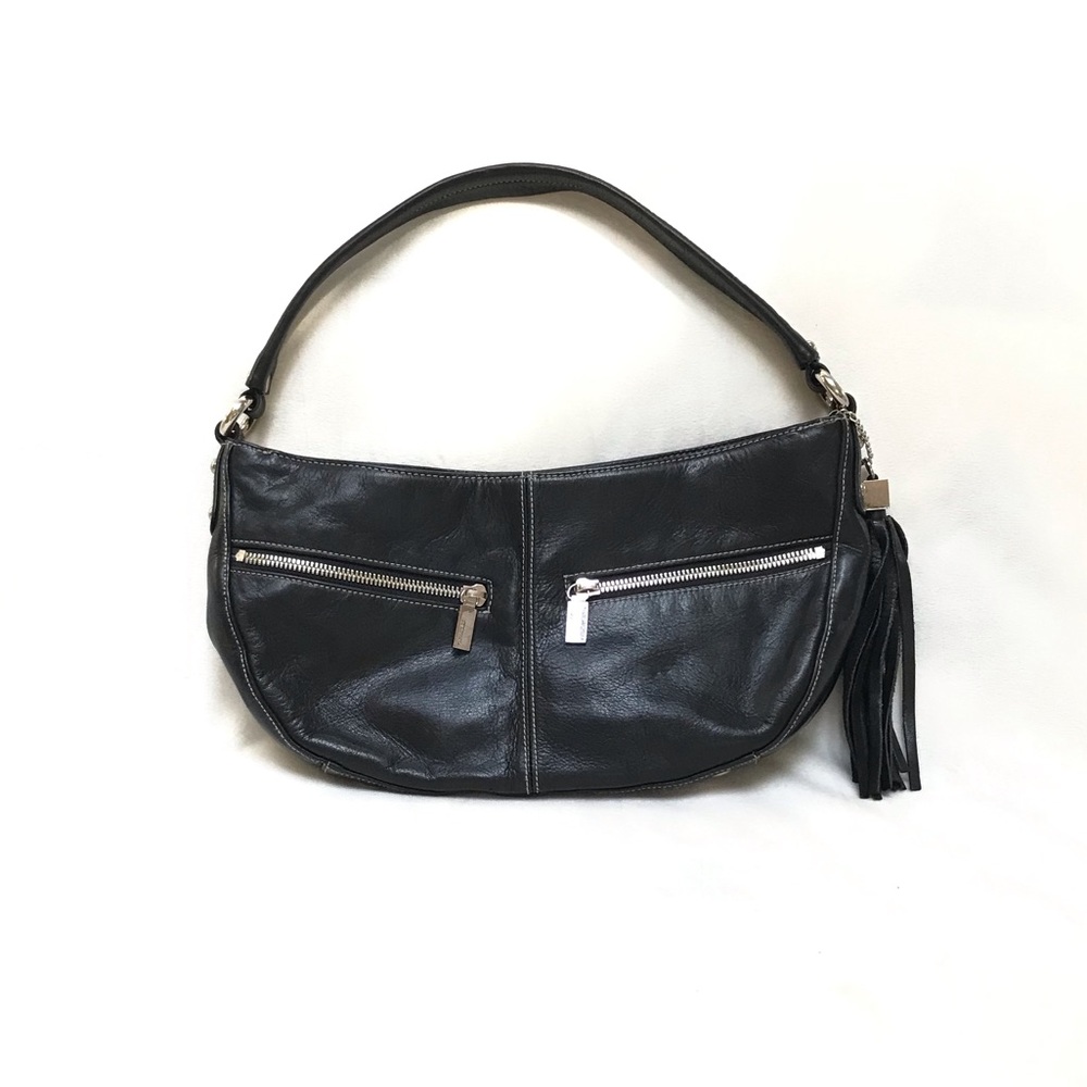 Vintage Perlina Black Leather Baguette Bag with Tassel